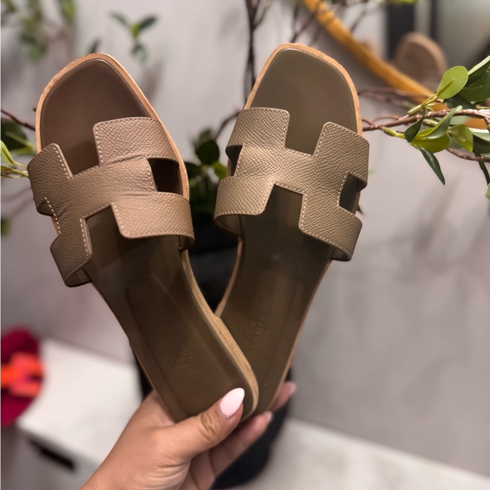 Hermes Tan Sandals with H-Shaped Cutout Design